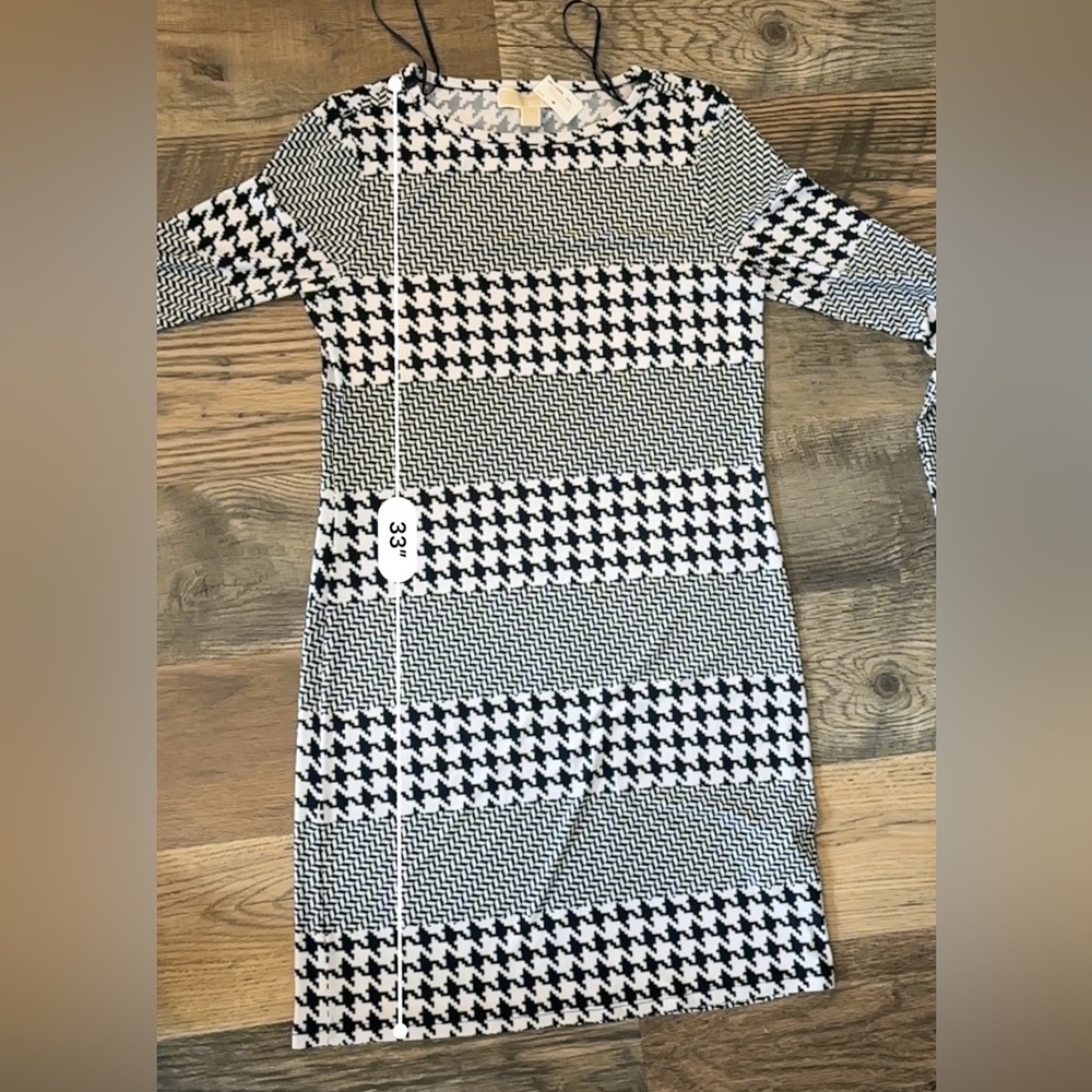 MICHAEL KORS Navy herringbone White Print Shift Dress Jersey Small Houndstooth - Picture 5 of 11